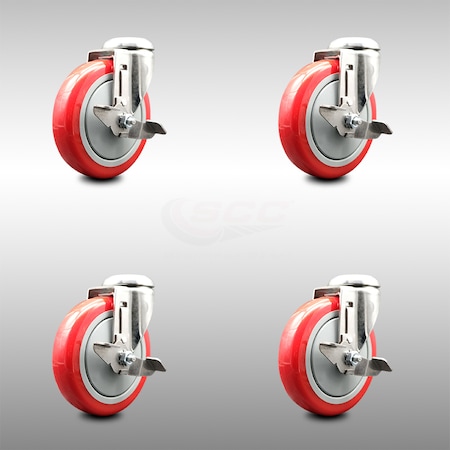 Service Caster 5 Inch 316SS Red Polyurethane Wheel Swivel Bolt Hole Caster Set with Brake SCC SCC-SS316BH20S514-PPUB-RED-TLB-4